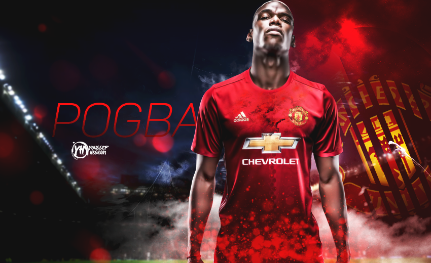 paul pogba wallpaper,red,football player,jersey,uniform,font