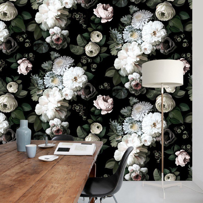 어두운 꽃 무늬 벽지,하얀,꽃,식물,화분,꽃다발