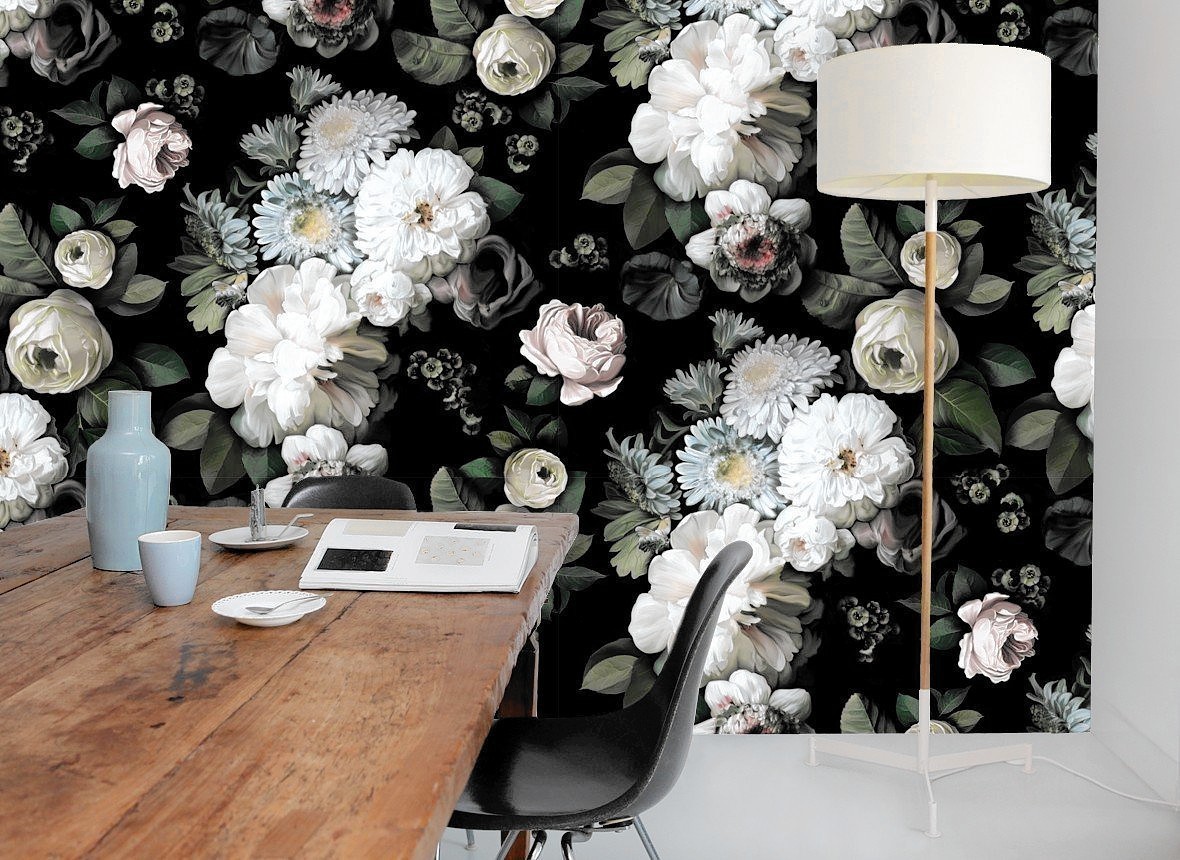 dark floral wallpaper,white,wallpaper,black and white,room,wall