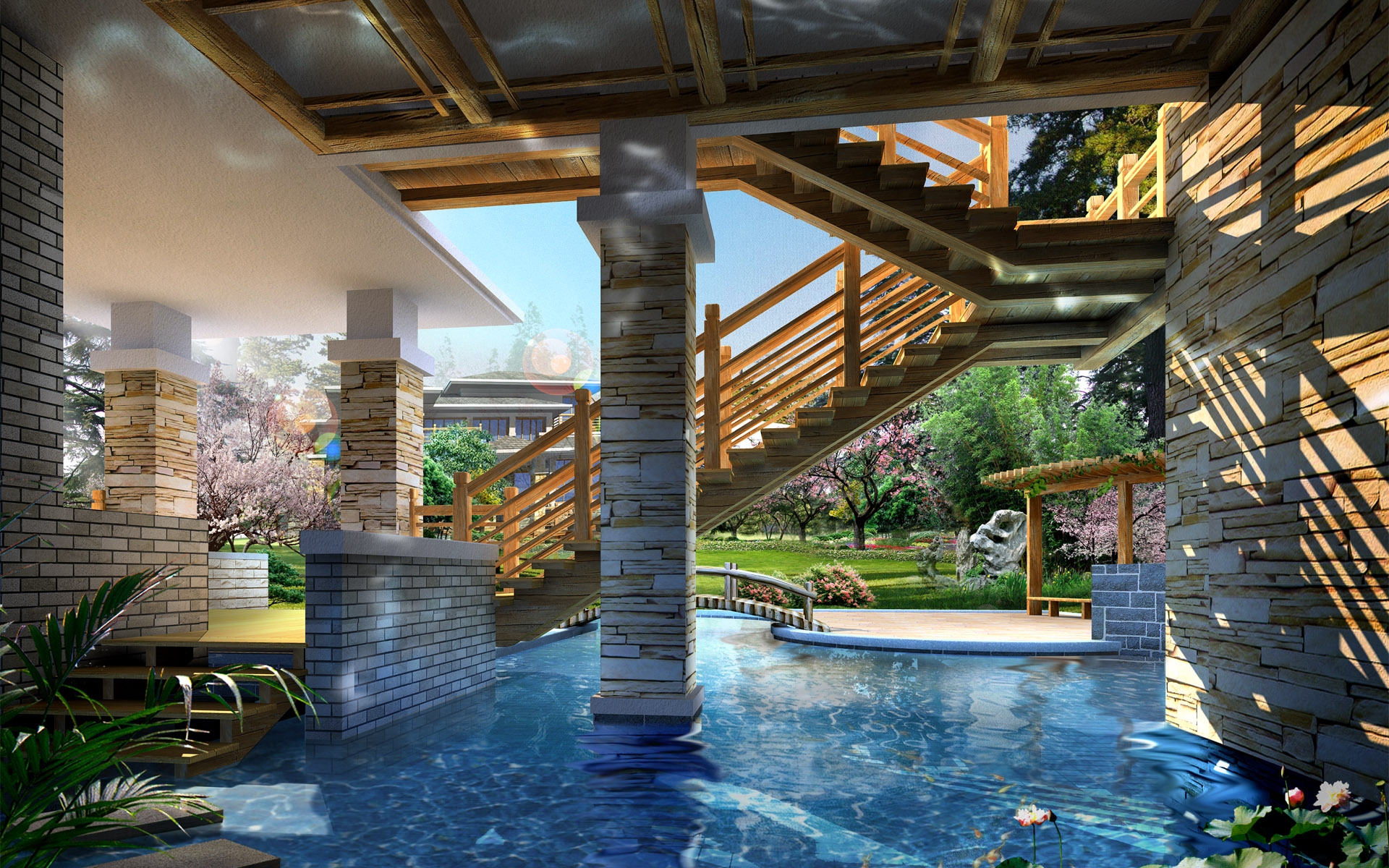 3d wallpaper for home,swimming pool,property,building,resort,architecture