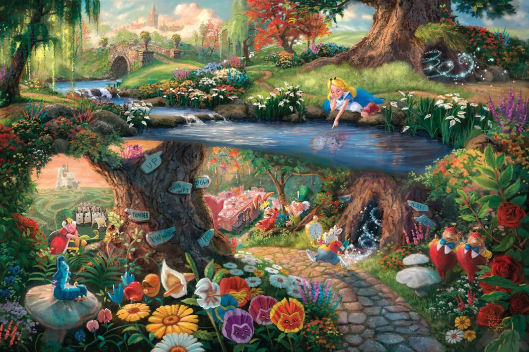 alice im wunderland tapete,gemälde,natürliche landschaft,baum,landschaft,kunst