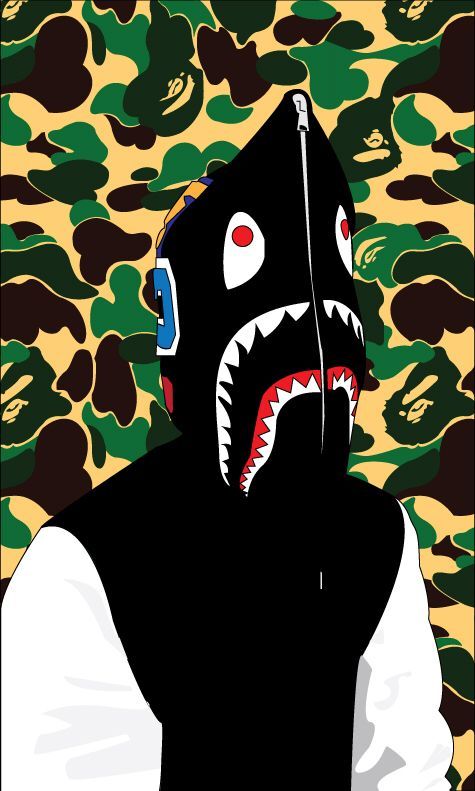 bape shark wallpaper,head,illustration,art,font,headgear