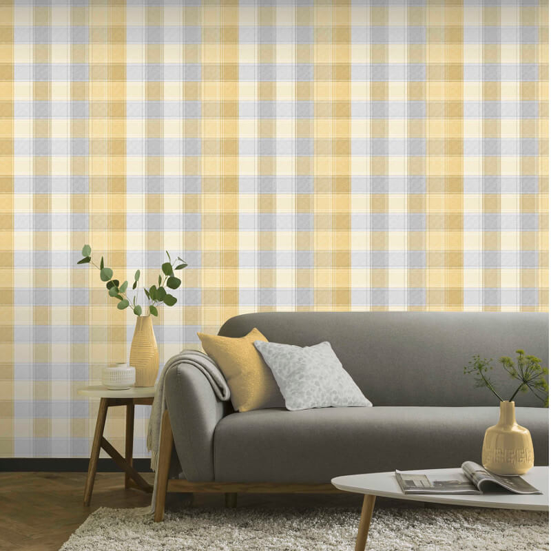 Arthouse Country Tartan Check Yellow/grey Wallpaper Checked Wallpaper In Living Room WallpaperUse