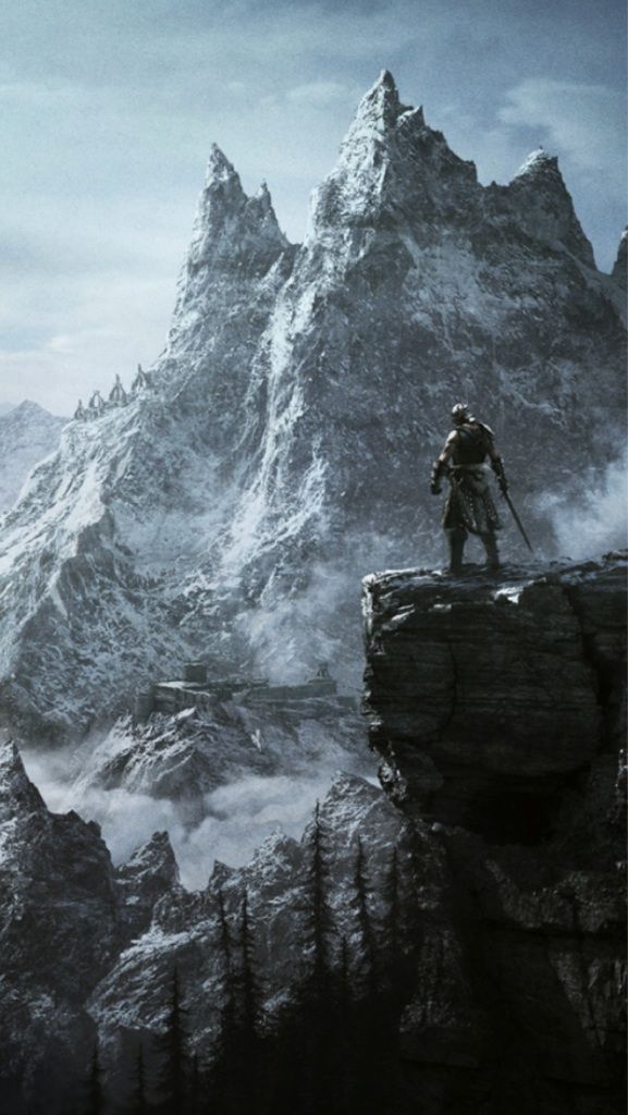 skyrim iphone wallpaper,action adventure game,mountainous landforms,mountain,mountain range,summit