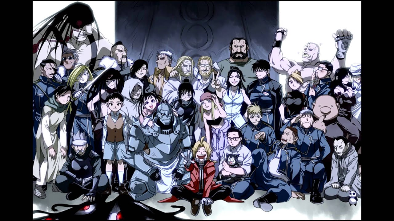 fullmetal alchemist brotherhood fondo de pantalla,grupo social,dibujos animados,arte,ilustración,equipo