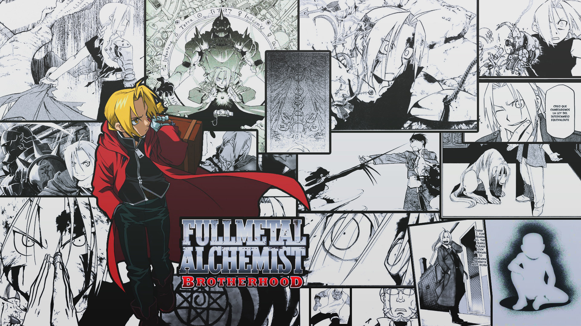 fullmetal alchemist brotherhood fondo de pantalla,dibujos animados,historietas,cómic,ficción,en blanco y negro