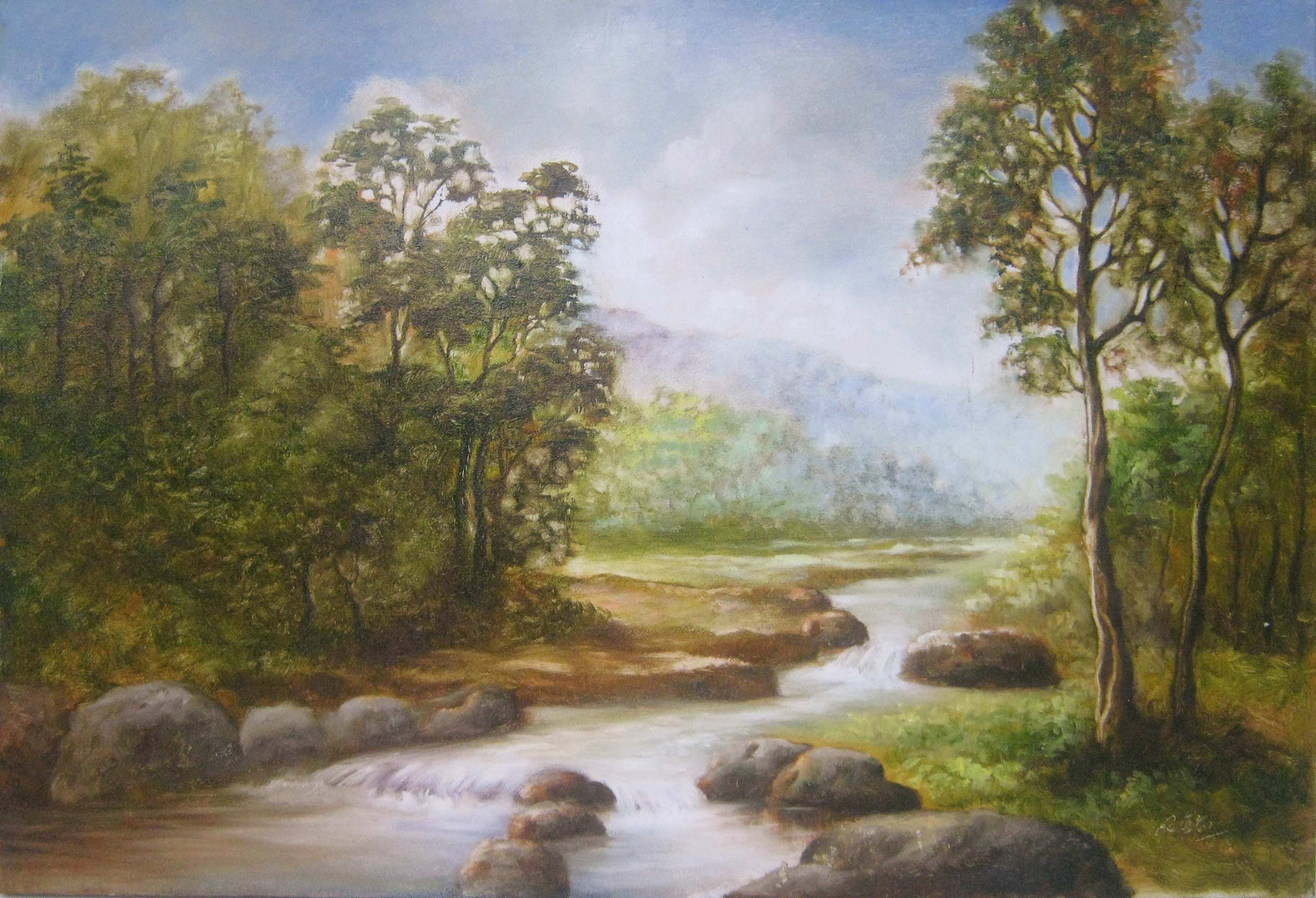 wallpaper pemandangan indah,natural landscape,painting,nature,bank,river