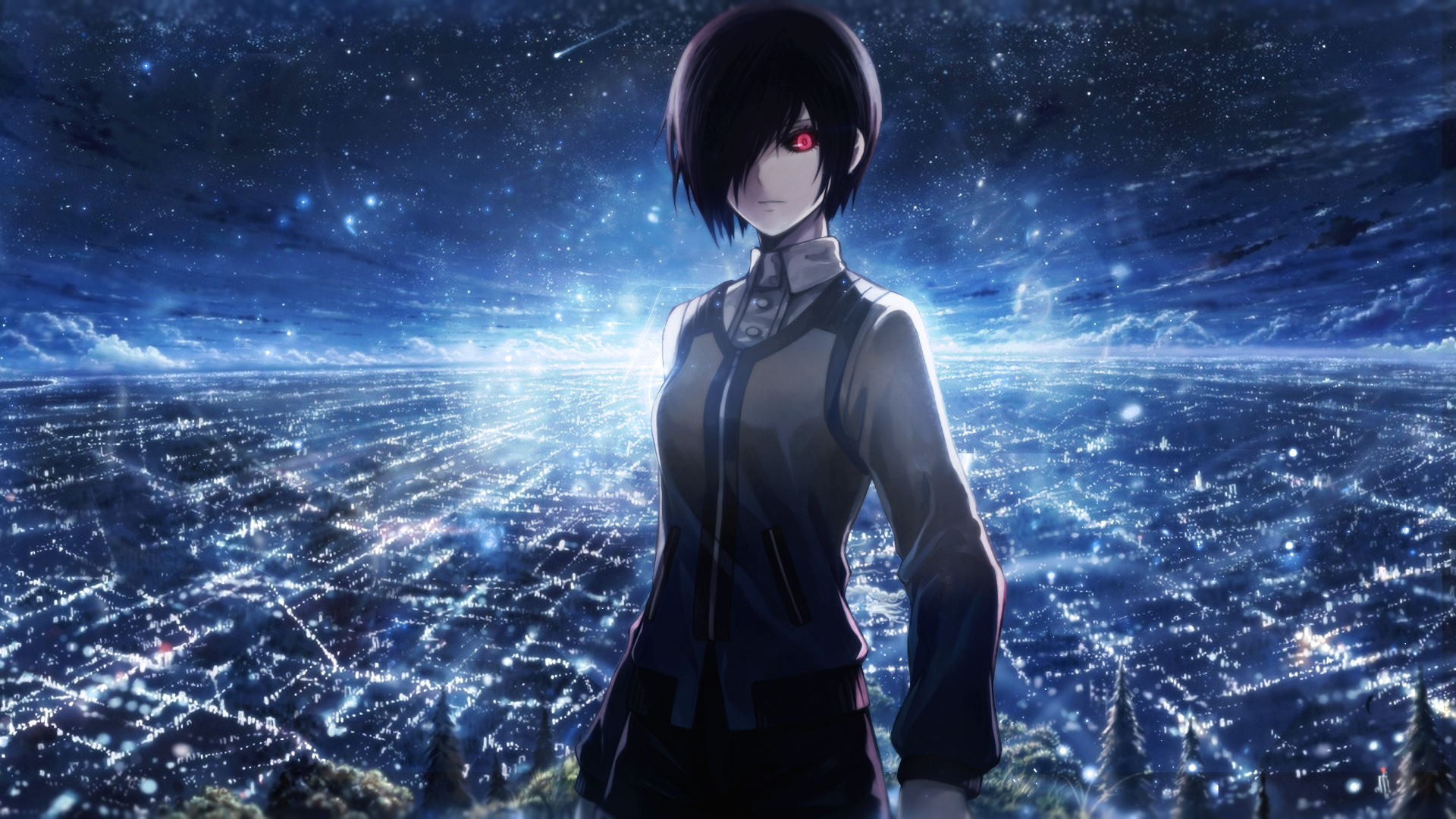 touka wallpaper,sky,cg artwork,anime,space,black hair