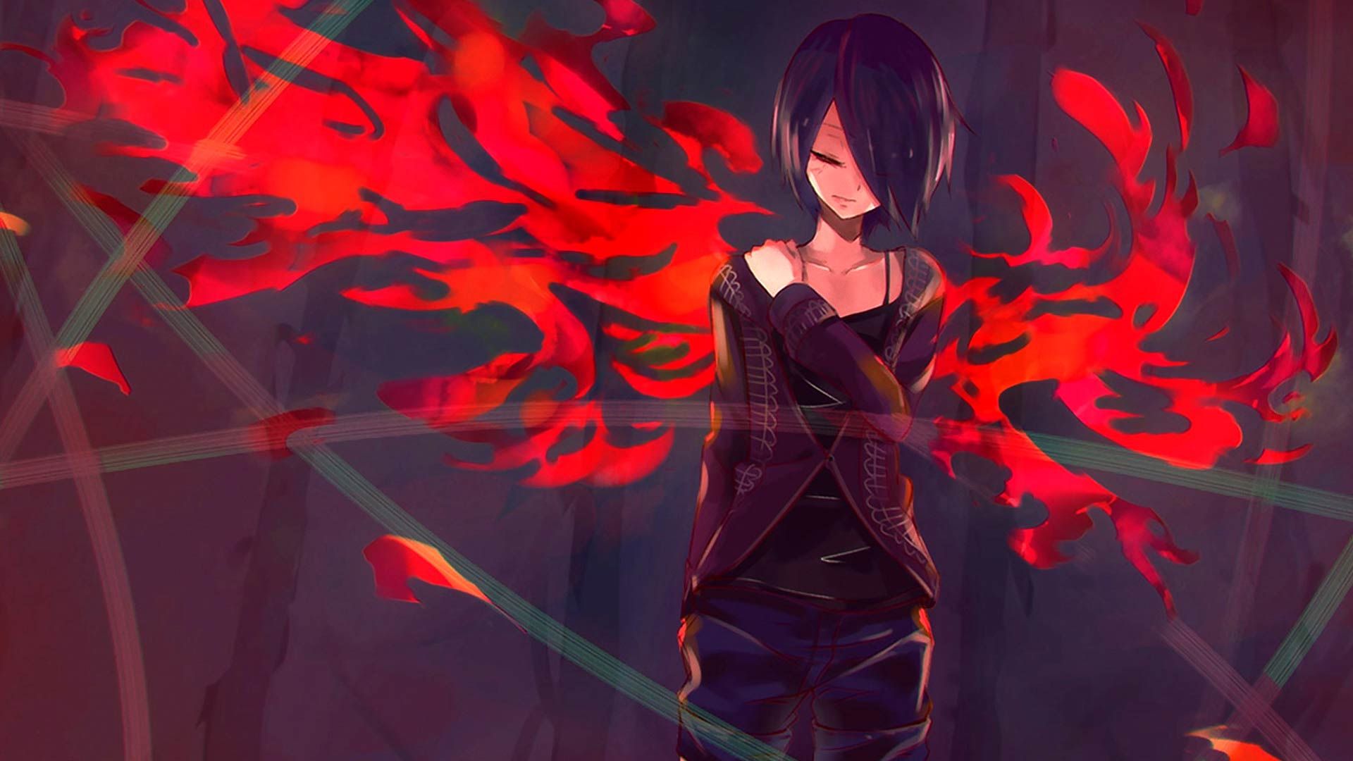 papel tapiz touka,rojo,cg artwork,anime,cabello negro,cabello rojo