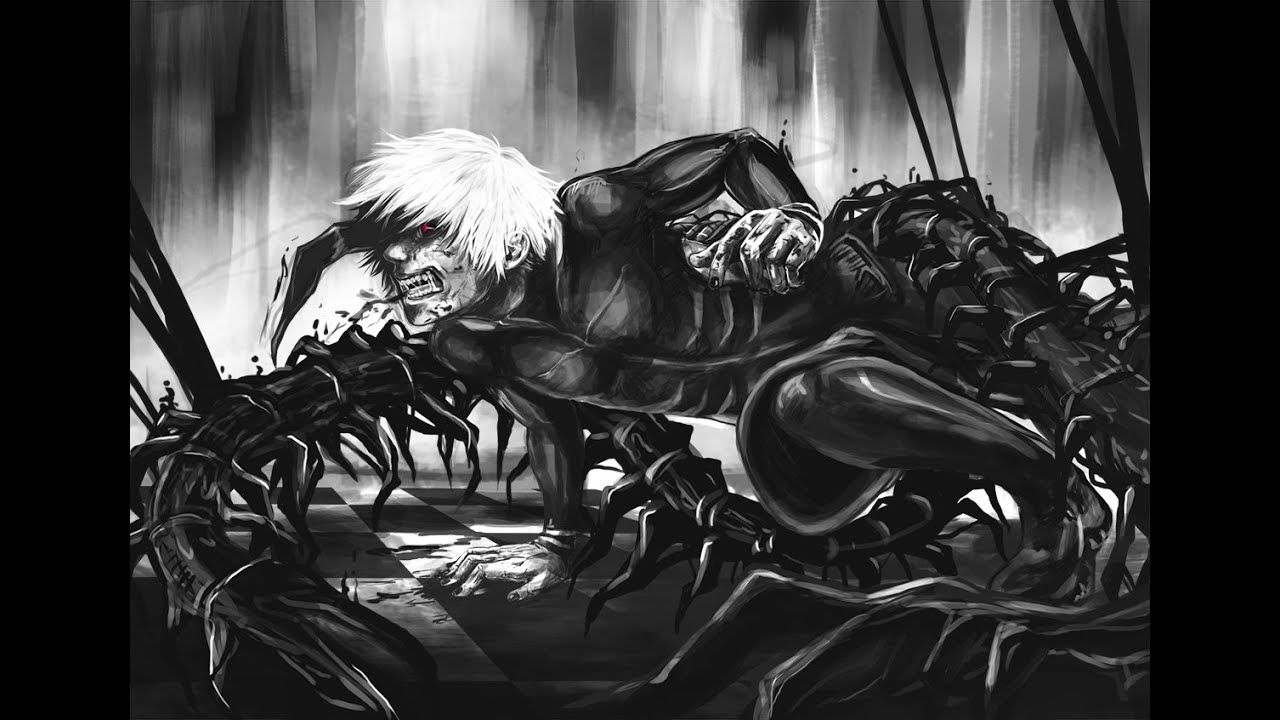 tokyo ghoul kaneki wallpaper,black and white,monochrome,cg artwork,darkness,fictional character