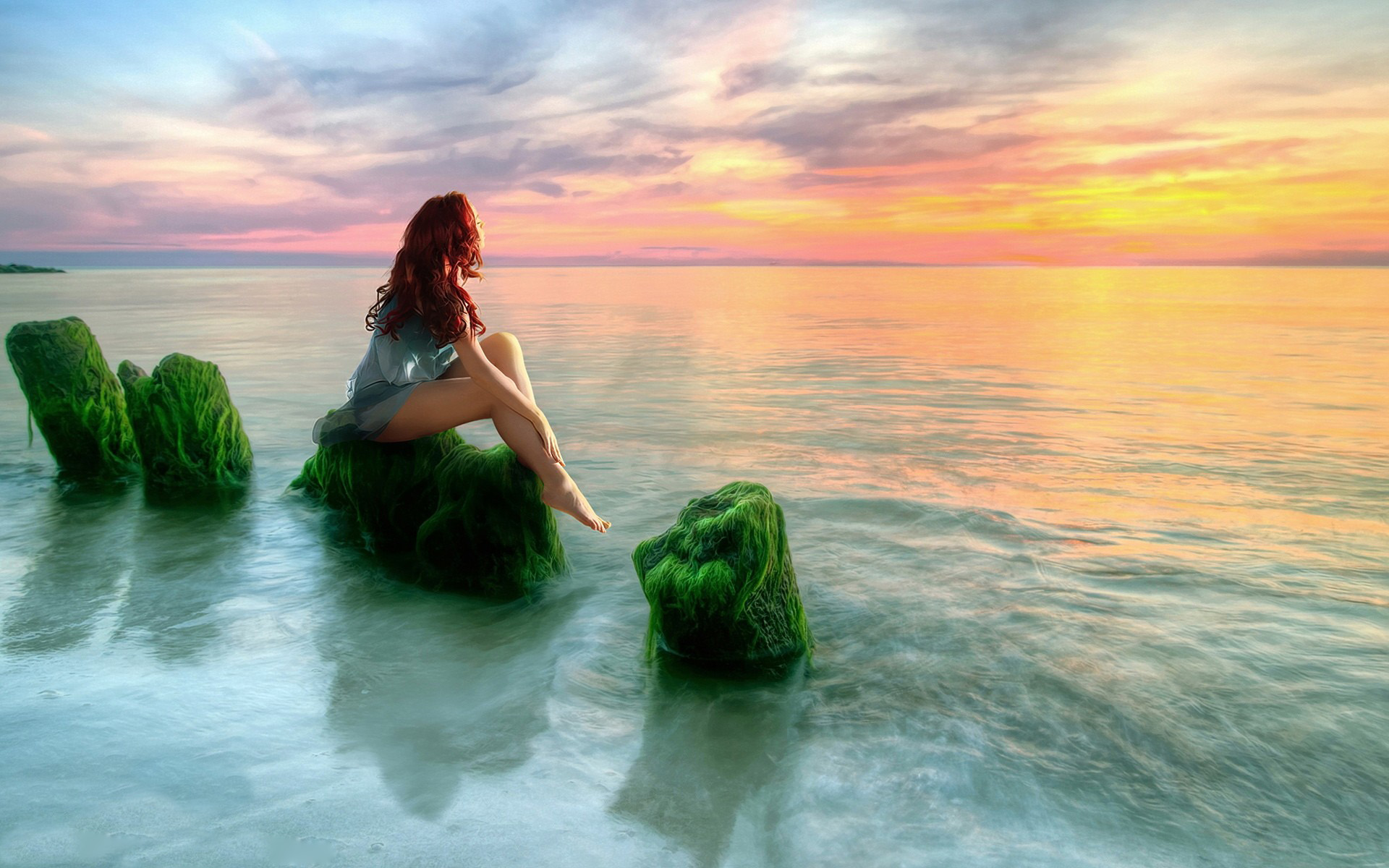 alone girl wallpaper,nature,sky,sea,ocean,horizon