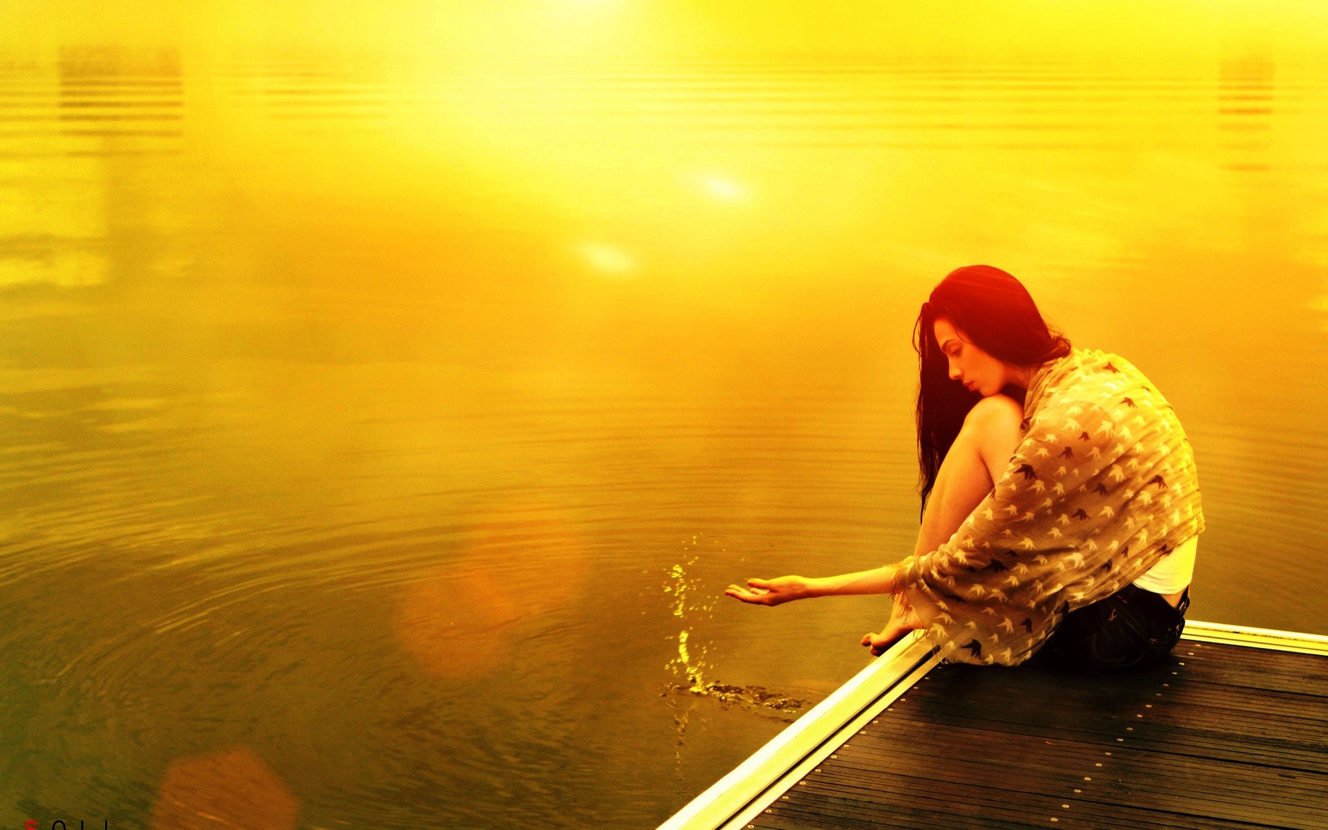 alone girl wallpaper,people in nature,yellow,orange,sky,water