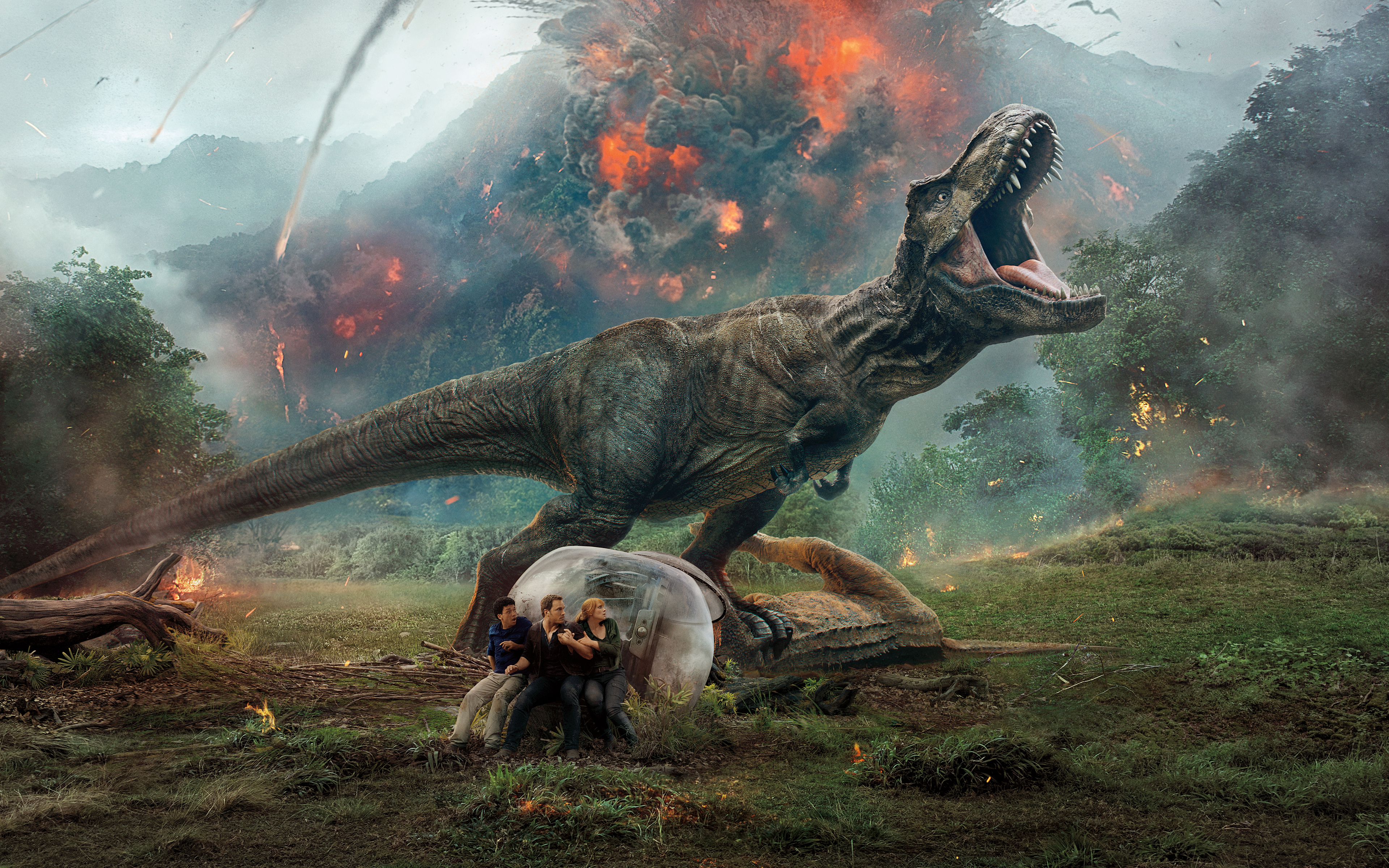 jurassic world wallpaper,dinosaurier,tyrannosaurus,computerspiel,cg kunstwerk,veranstaltung