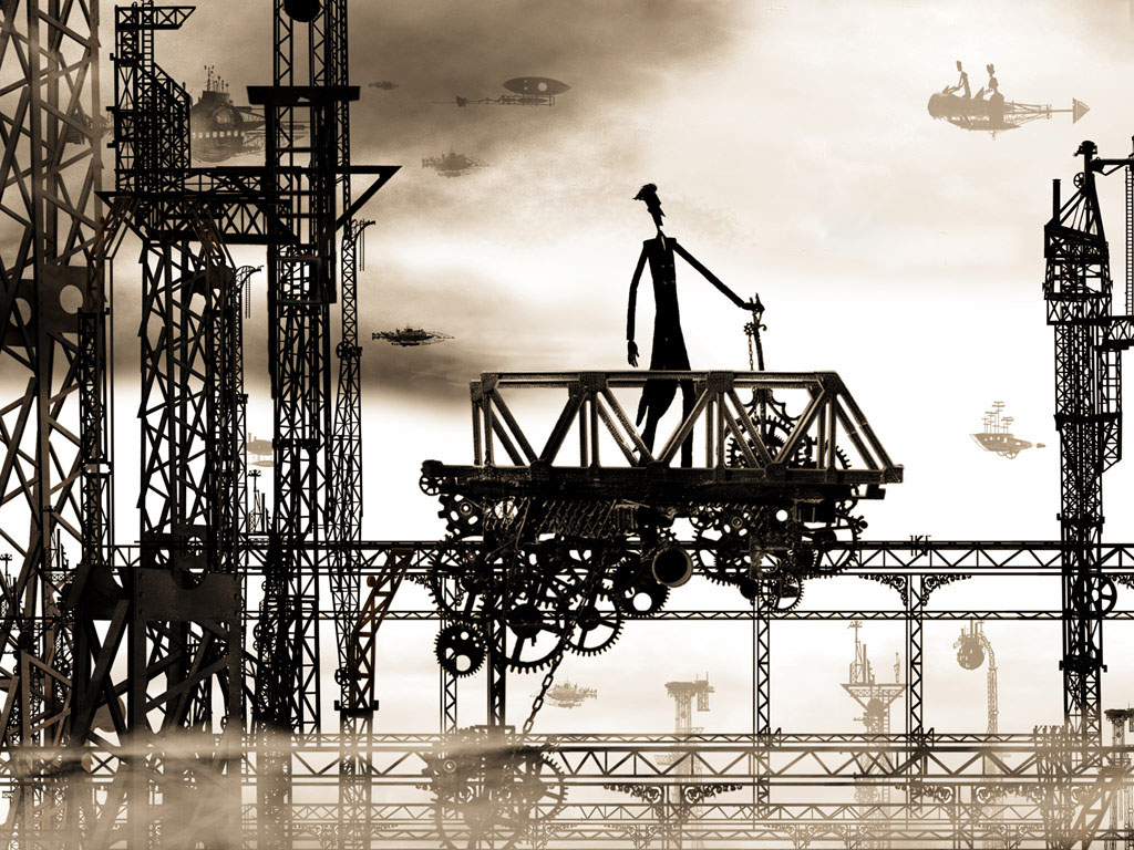fondo de pantalla steampunk,industria,agua,plataforma petrolera,hierro,grua