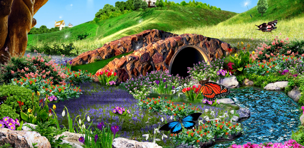 mariposa 3d live wallpaper,paisaje natural,naturaleza,jardín,paisaje,césped