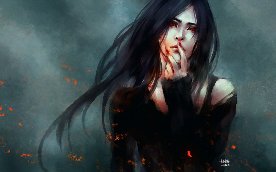 vampire wallpaper,cg artwork,black hair,long hair,darkness,fictional character