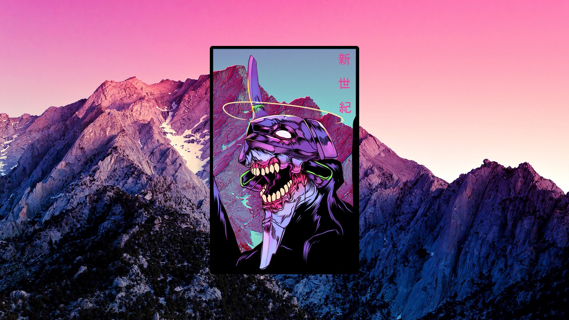 evangelion wallpaper,mountain,purple,sky,graphic design,illustration