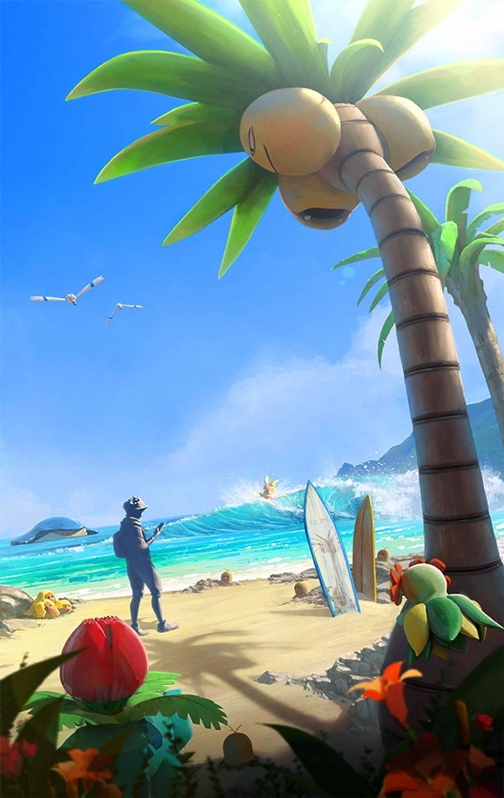 fond d'écran pokemon android,arbre,palmier,dessin animé,caraïbes,été