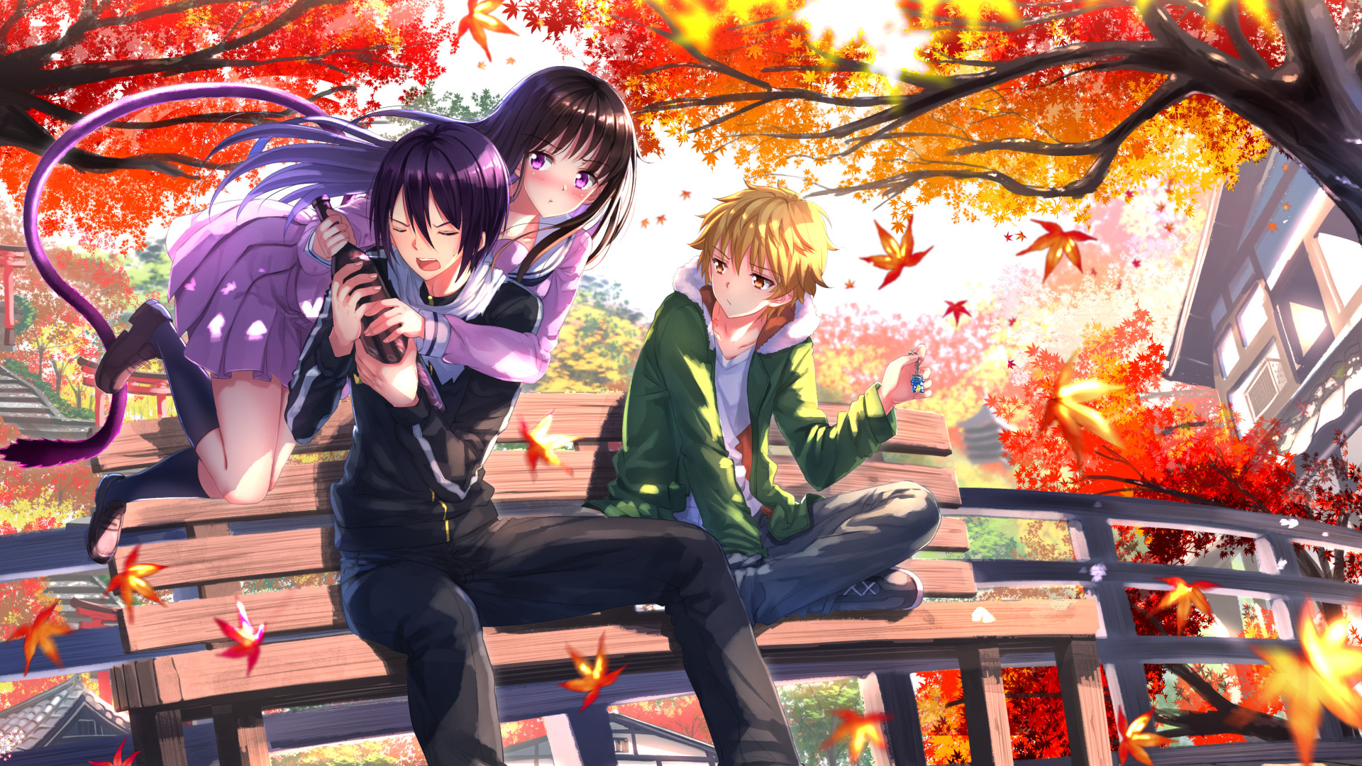 noragami wallpaper,anime,cartoon,sky,black hair,autumn
