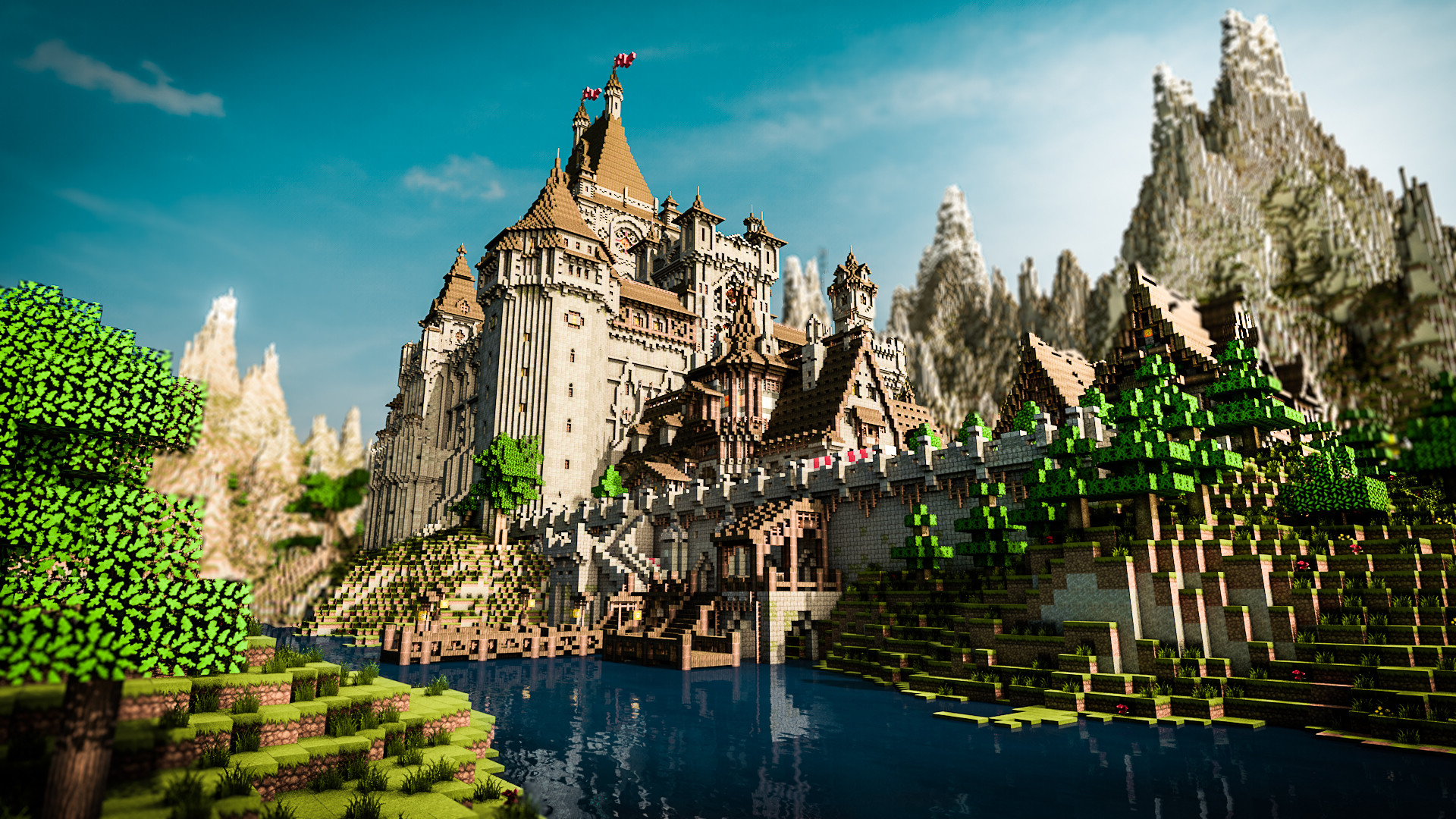 minecraft wallpaper hd,natural landscape,nature,landmark,reflection,water castle