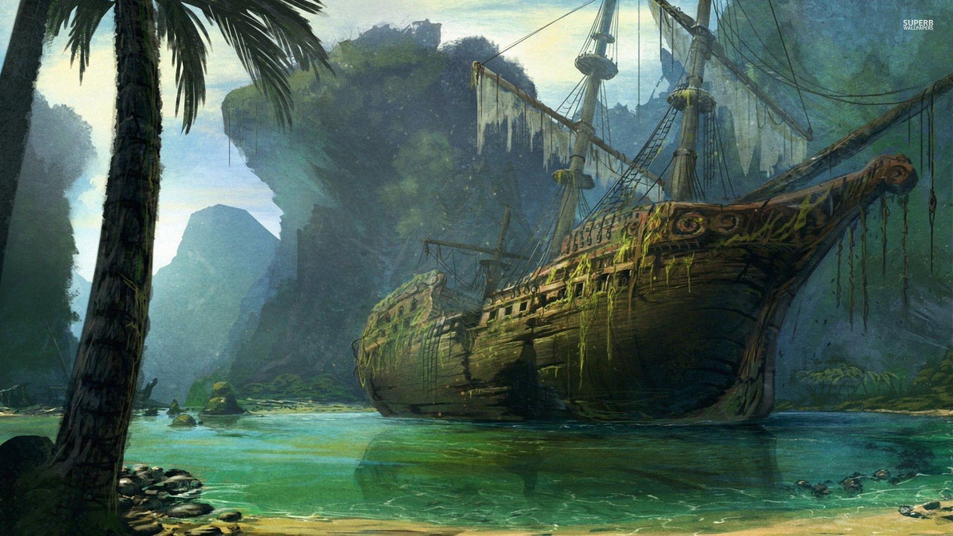 pirate ship wallpaper,nature,environmental art,cg artwork,landscape,painting