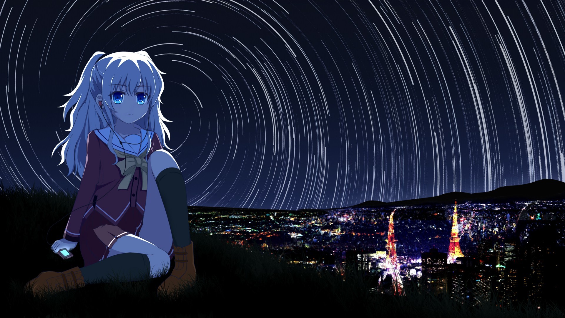 fondo de pantalla de charlotte,cielo,anime,dibujos animados,cg artwork,espacio