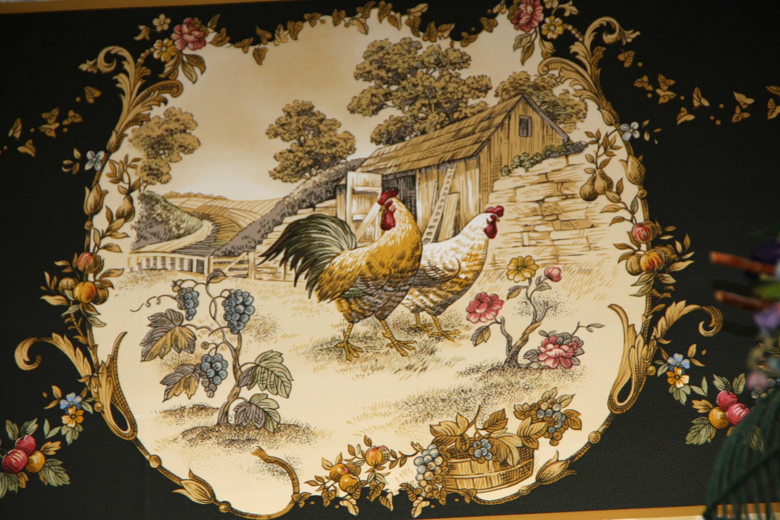 wallpaper borders for kitchen,chicken,galliformes,rooster,dishware,textile
