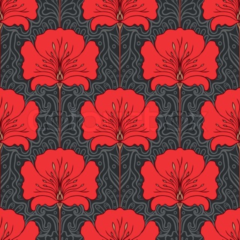 art nouveau wallpaper,red,hawaiian hibiscus,pattern,leaf,flower