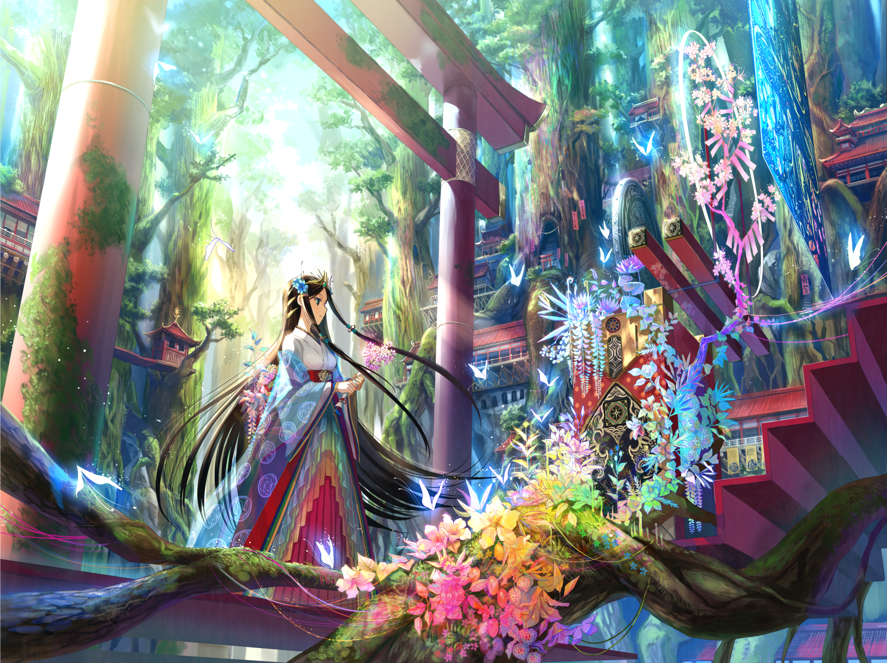 oriental wallpaper,cg artwork,tree,fictional character,art,plant