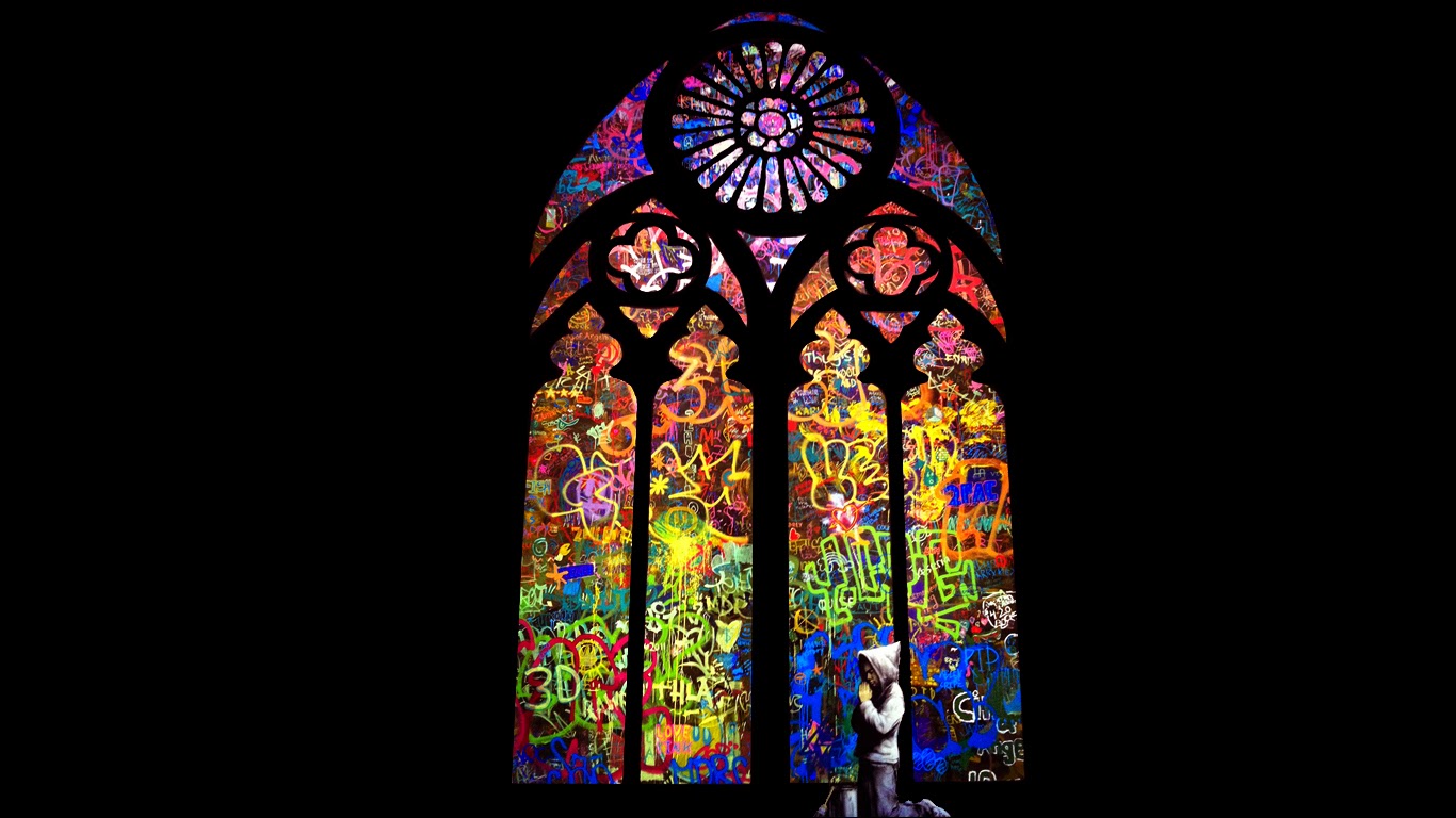 banksy wallpaper,stained glass,glass,place of worship,architecture,window