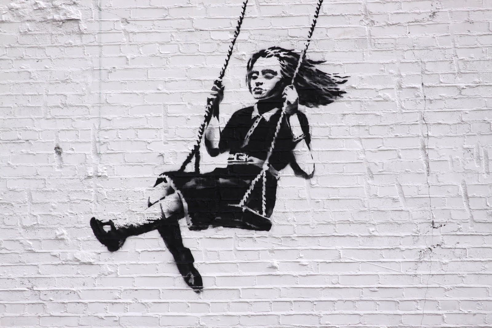 carta da parati banksy,parete,bianco e nero,fotografia,corda,mattone