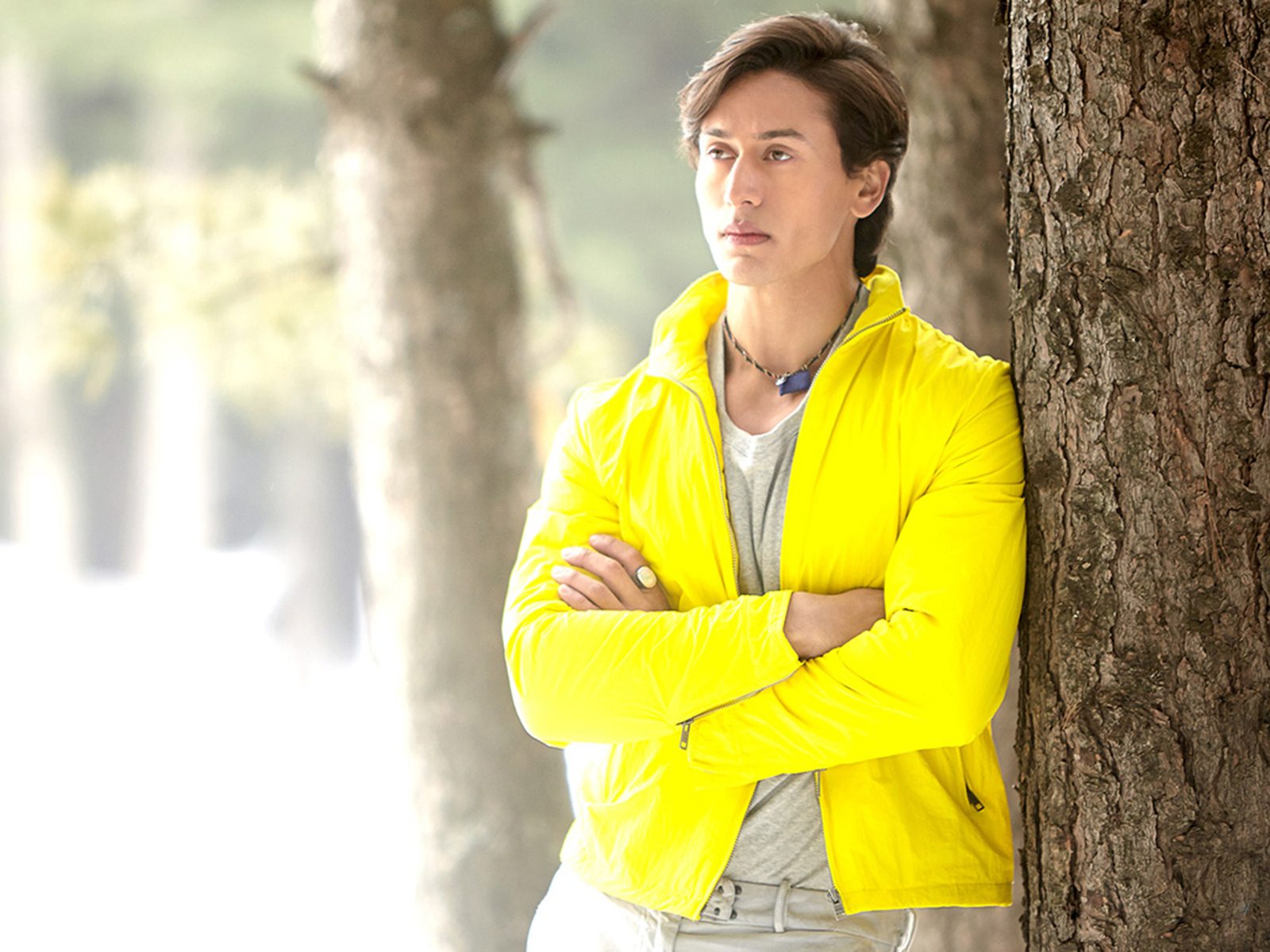 tiger shroff full hd wallpaper,yellow,outerwear,jacket,standing,tree