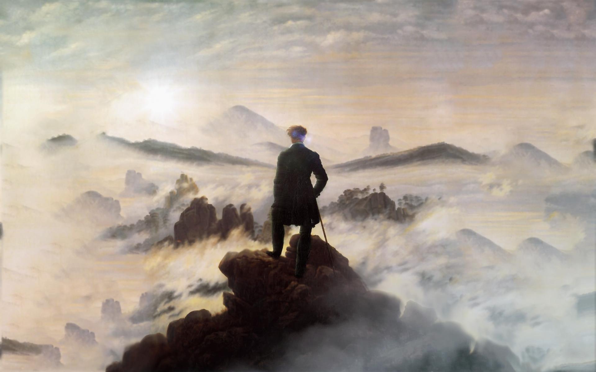 vagabundo sobre el mar de niebla fondo de pantalla,pintura,pintura de acuarela,cielo,ilustración,arte