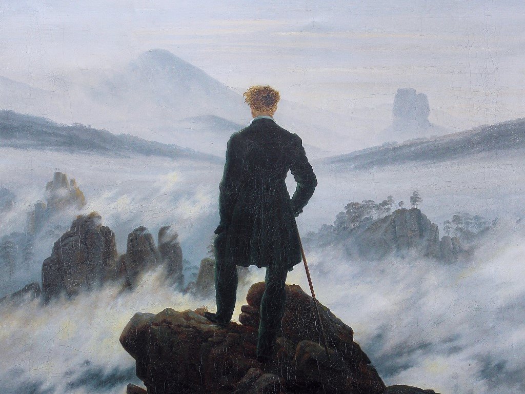 vagabond au dessus de la mer de brouillard wallpaper,ciel,montagne,la peinture,sommet,illustration