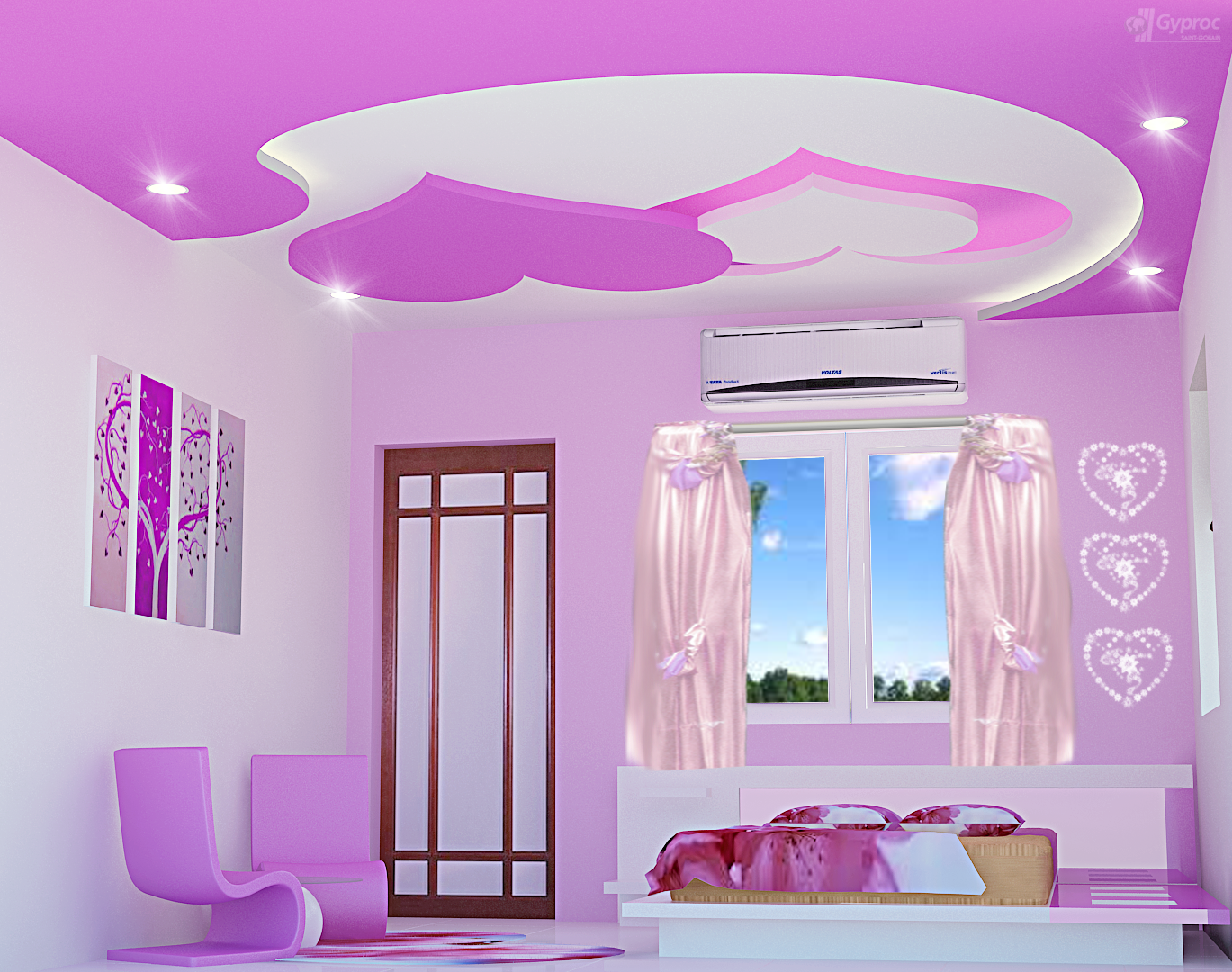 wallpaper for bedroom walls india,ceiling,pink,room,interior design,purple