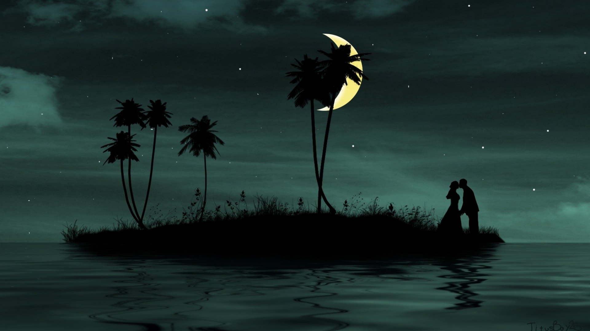 fond d'écran romantique hd 1080p téléchargement gratuit,ciel,clair de lune,arbre,océan,illustration