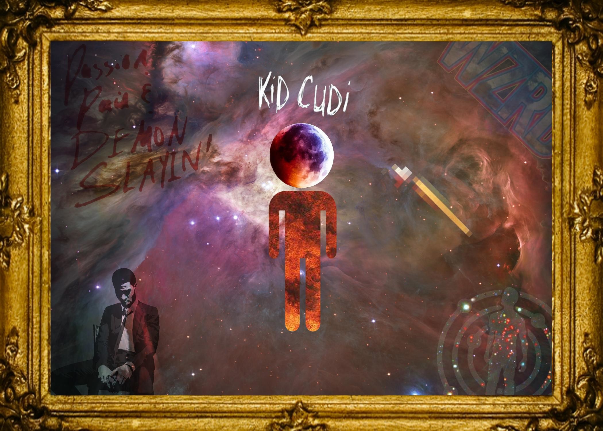 kid cudi iphone wallpaper,art,painting,picture frame,mythology,space