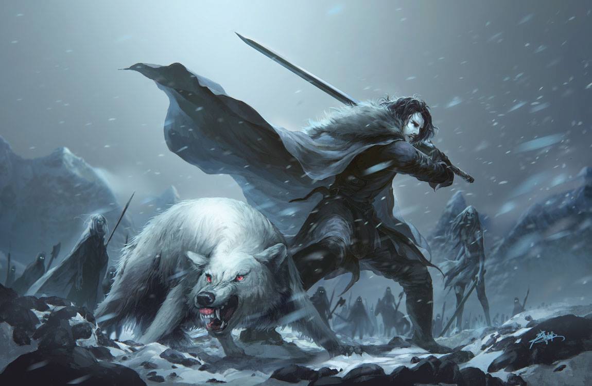 jon snow and ghost wallpaper,cg artwork,illustration,fictional character,mythical creature,mythology