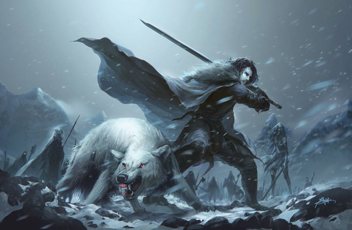 jon snow and ghost wallpaper,cg artwork,illustrazione,personaggio fittizio,creatura mitica,mitologia