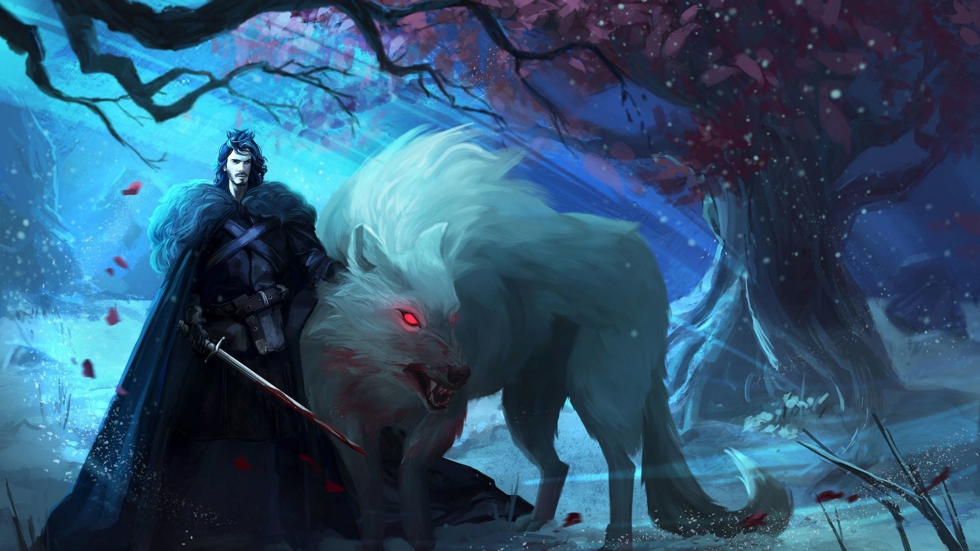 jon snow and ghost wallpaper,fictional character,illustration,darkness,cg artwork,fiction