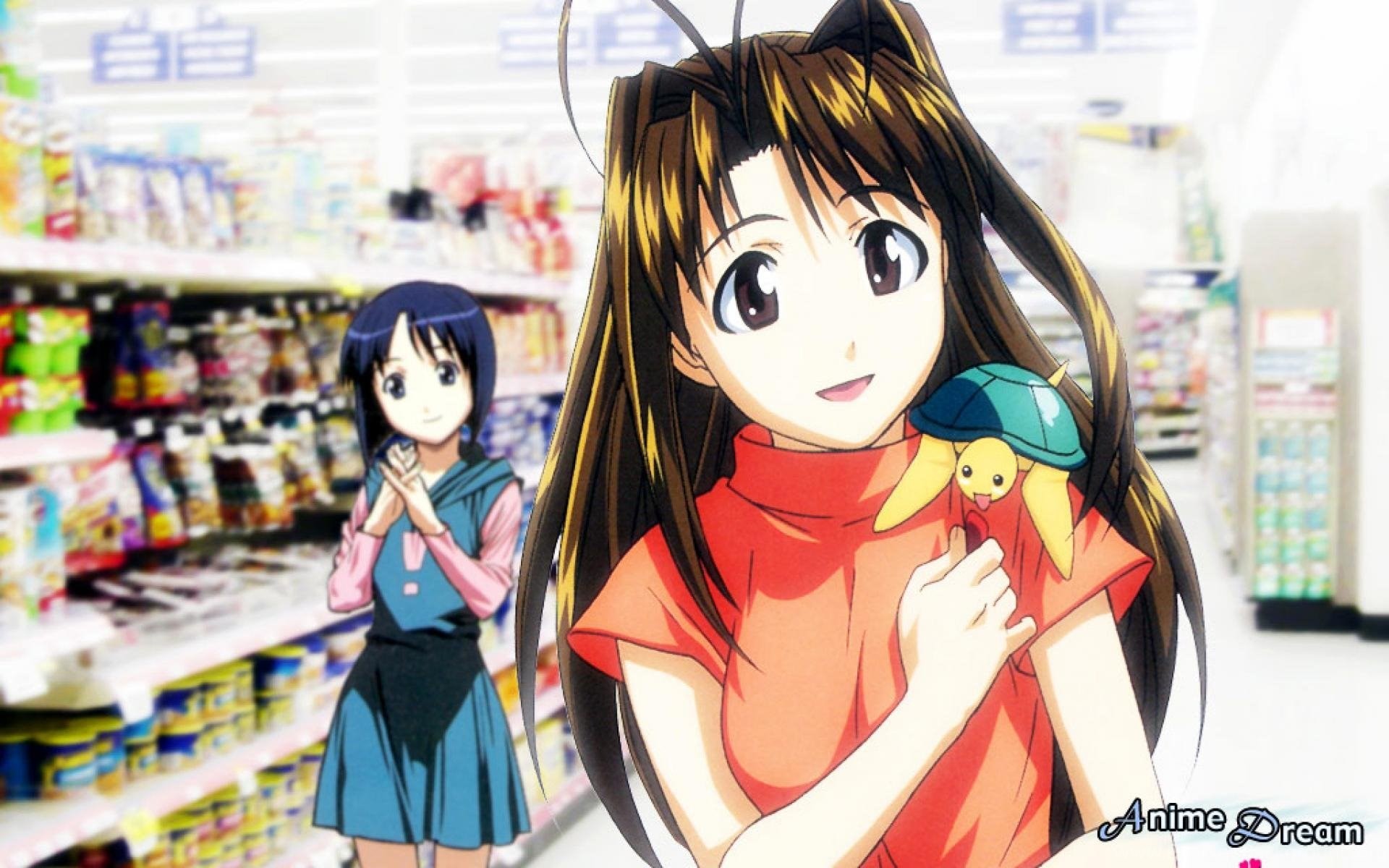 hina wallpaper,dibujos animados,anime,cabello negro,pelo castaño,supermercado