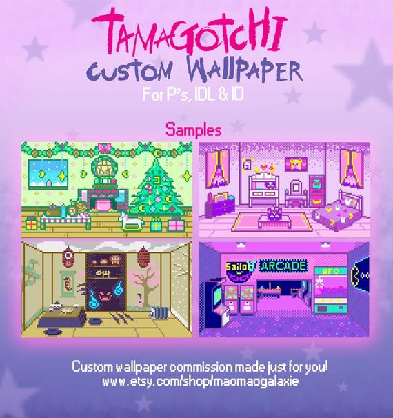 tamagotchi wallpaper,text,toy,pink,purple,room