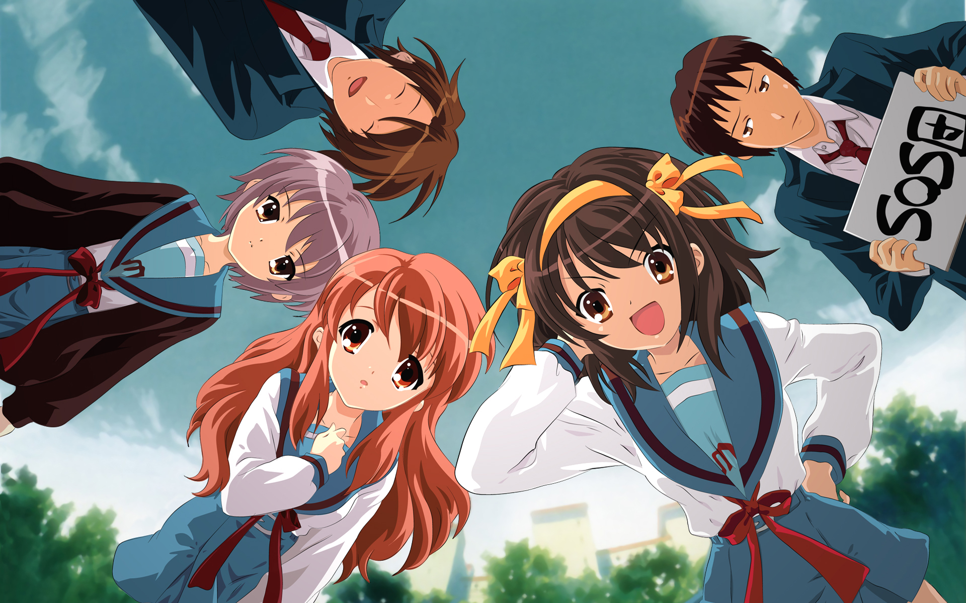 haruhi suzumiya fondo de pantalla,dibujos animados,dibujos animados,anime,animación,cielo