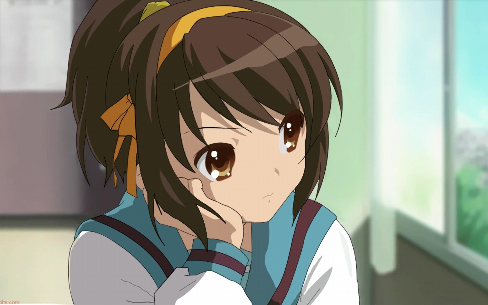 haruhi suzumiya wallpaper,face,hair,cartoon,anime,hairstyle