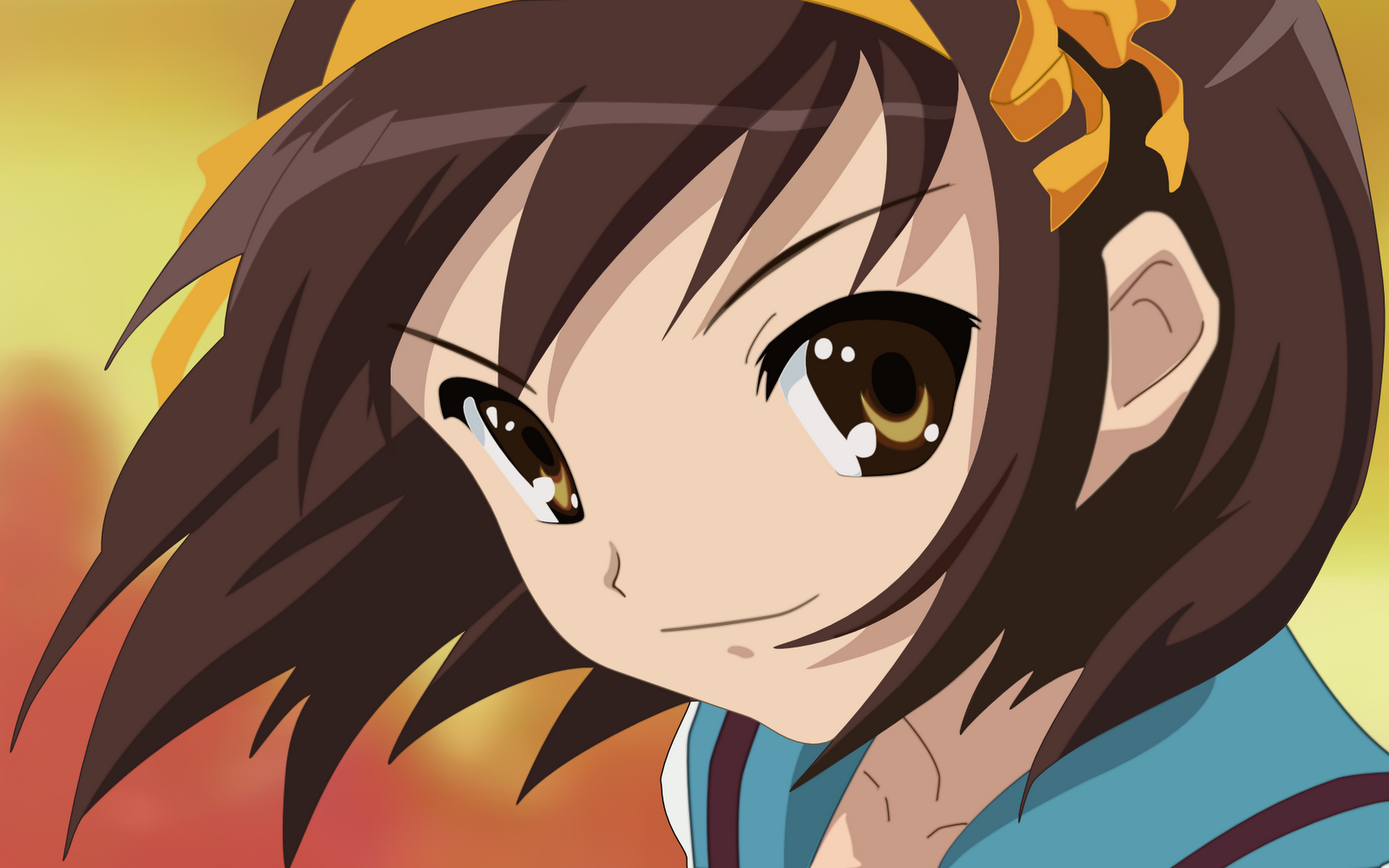 fond d'écran haruhi suzumiya,dessin animé,cheveux,visage,anime,jaune