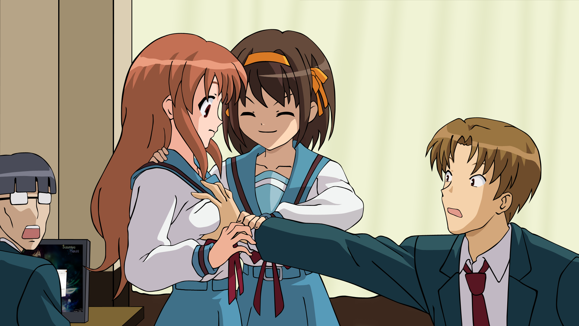 haruhi suzumiya wallpaper,cartoon,anime,mouth,fun,gesture