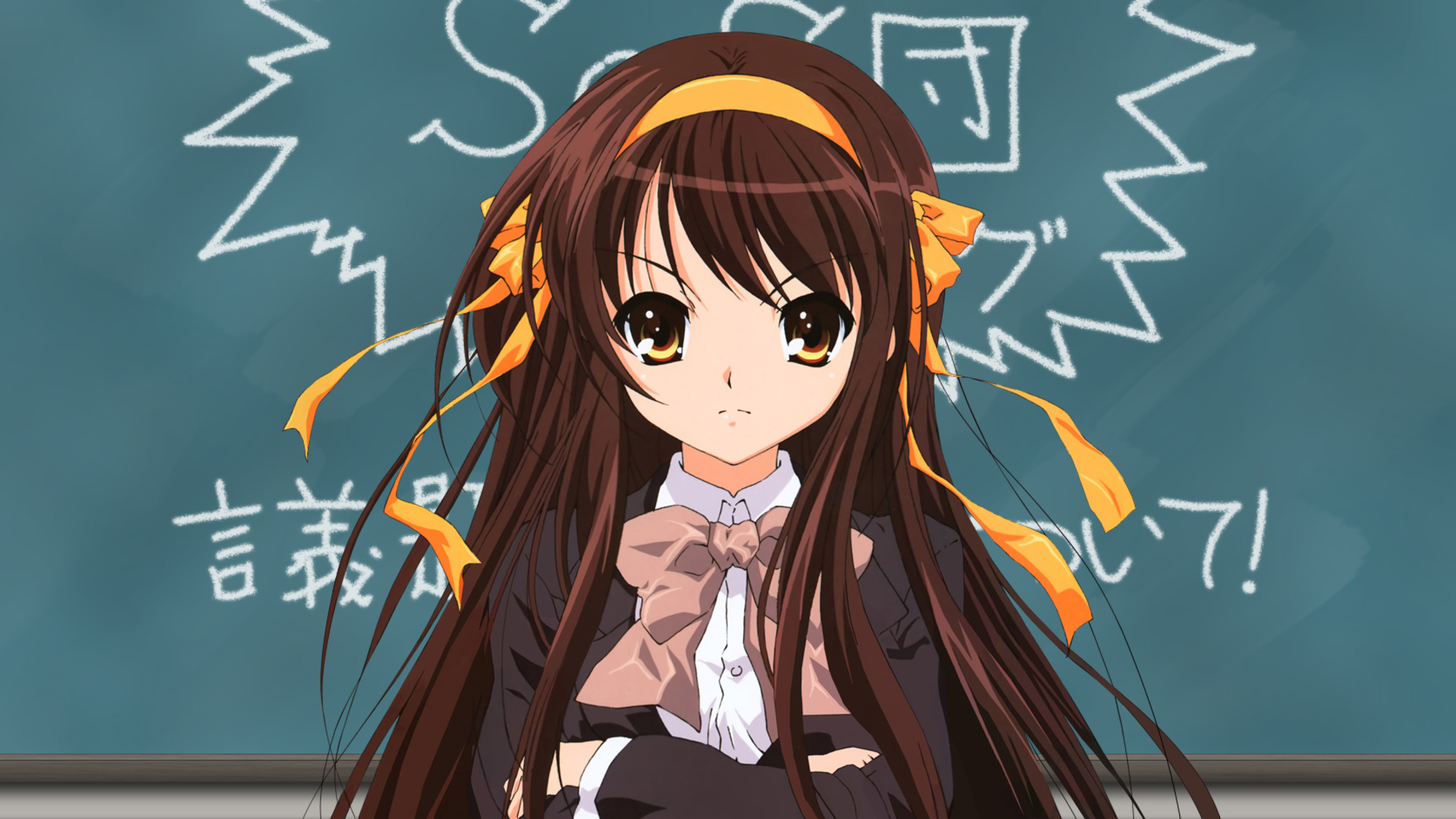 haruhi suzumiya fondo de pantalla,dibujos animados,anime,pelo castaño,corte hime,cg artwork