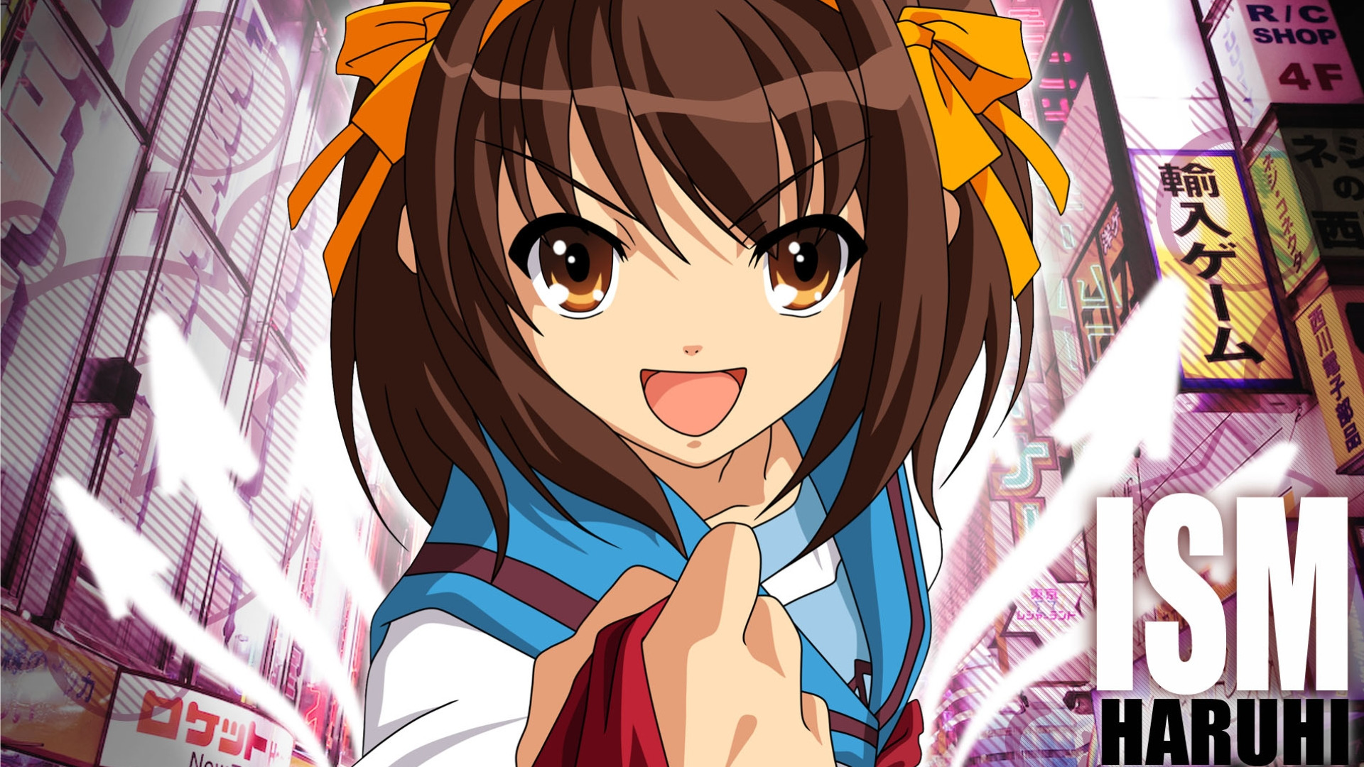 carta da parati haruhi suzumiya,cartone animato,anime,cg artwork,animazione,capelli castani