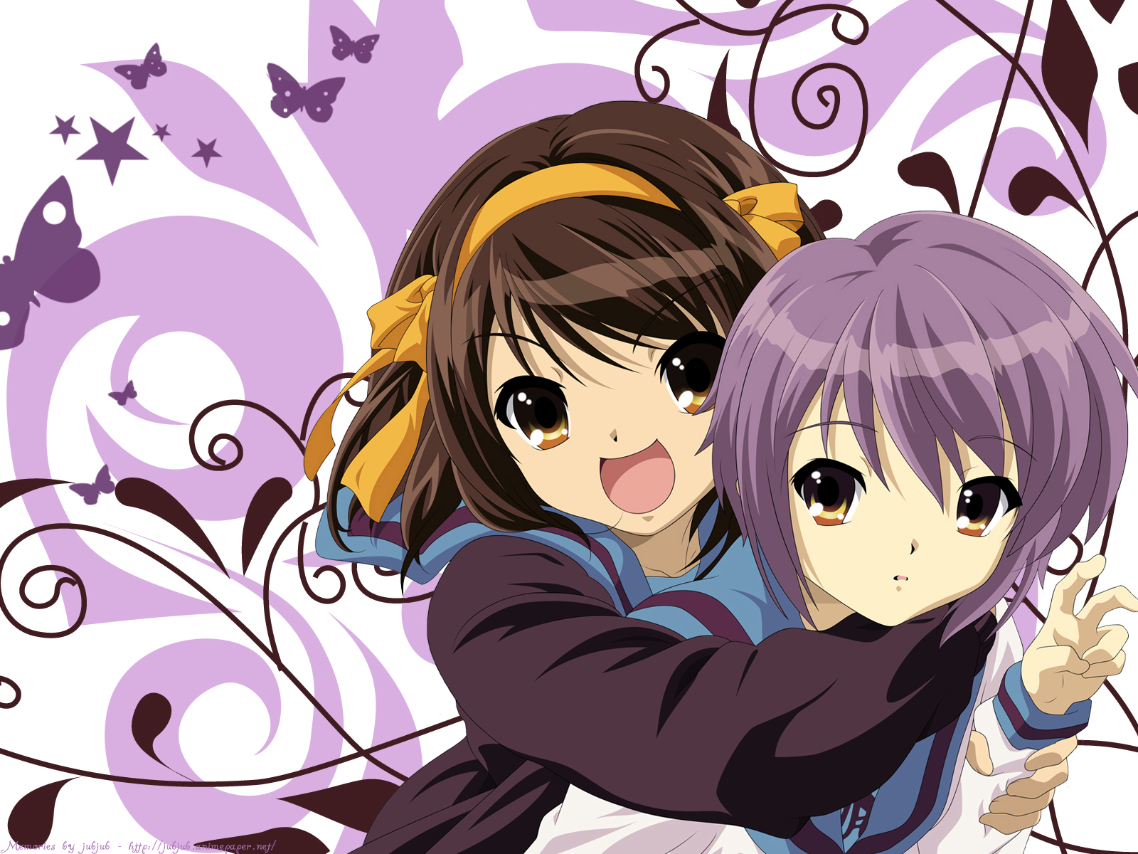 haruhi suzumiya wallpaper,cartoon,anime,cg artwork,illustration,hime cut