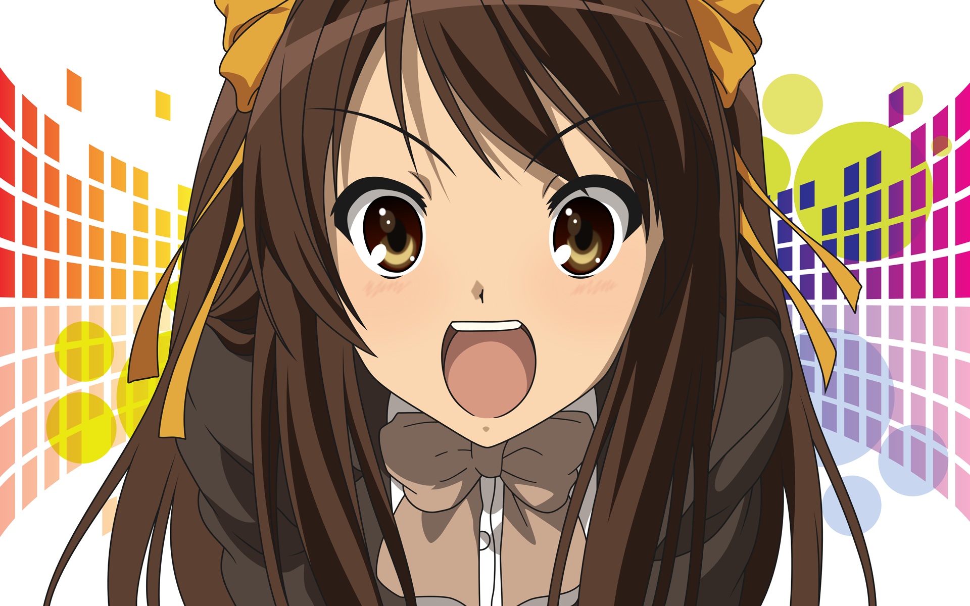 fond d'écran haruhi suzumiya,cheveux,dessin animé,anime,coiffure,cheveux bruns